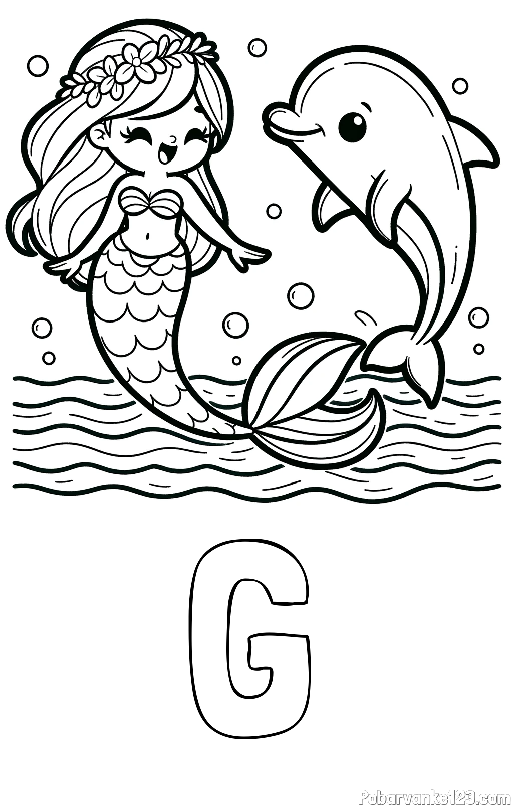 Pobarvanka imena G in pobarvanka ljubke morske deklice, ki pleše z delfinom