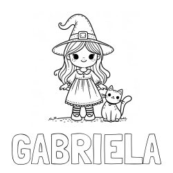 Online izdelana pobarvanka - Pobarvanka imena GABRIELA in Čudovita pobarvanka ljubke čarovnice in nasmejane mačke