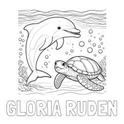 Online izdelana pobarvanka - Pobarvanka imena GLORIA RUDEN in pobarvanka ljubkega delfina in njegove prijateljice želve