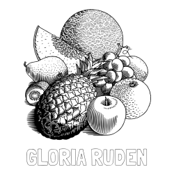 Online izdelana pobarvanka - Pobarvanka imena GLORIA RUDEN in pobarvanka sadja (ananas, melona, jabolka, kivi, grozdje, pomaranča...)