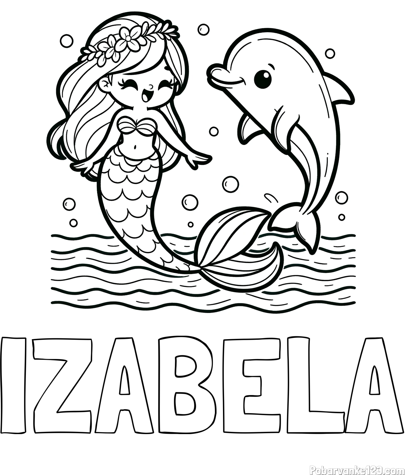 Pobarvanka imena IZABELA in pobarvanka ljubke morske deklice, ki pleše z delfinom