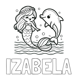 Online izdelana pobarvanka - Pobarvanka imena IZABELA in pobarvanka ljubke morske deklice, ki pleše z delfinom
