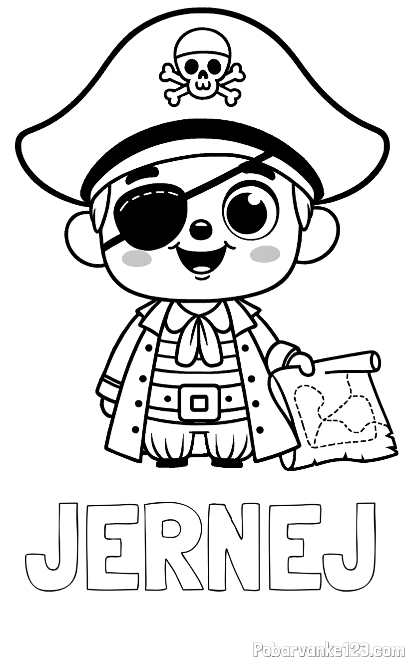 Pobarvanka imena JERNEJ in otroška pobarvanka ljubkega gusarja z zemljevidom