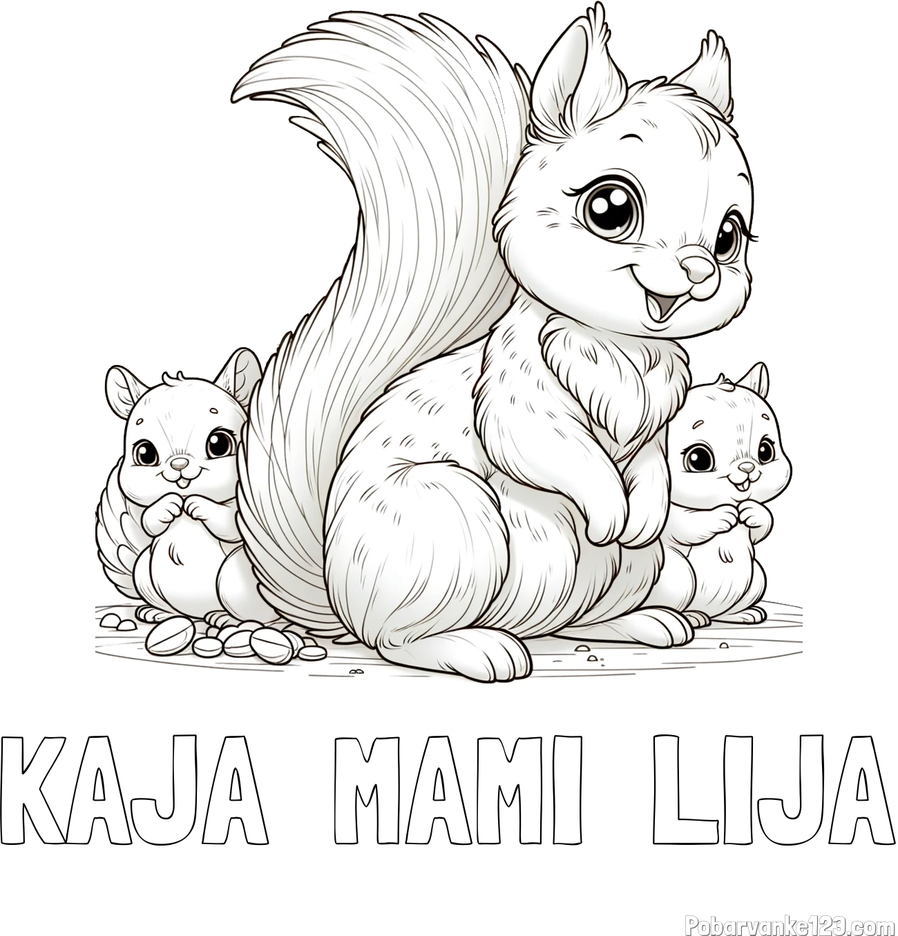 Pobarvanka imena KAJA  MAMI  LIJA in pobarvanka veveričje družine