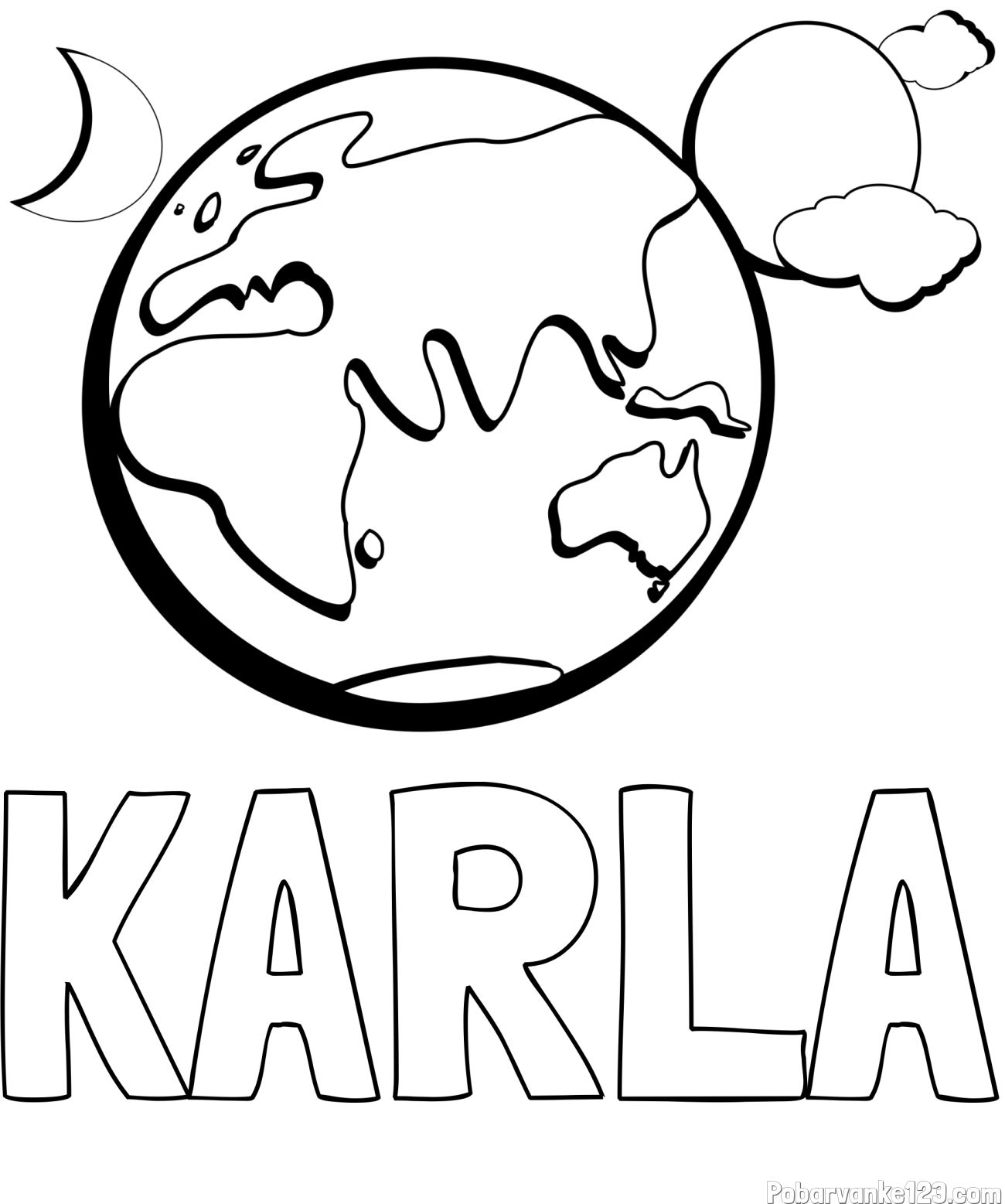 Pobarvanka imena KARLA in pobarvanka planeta Zemlje, lune ter sonca