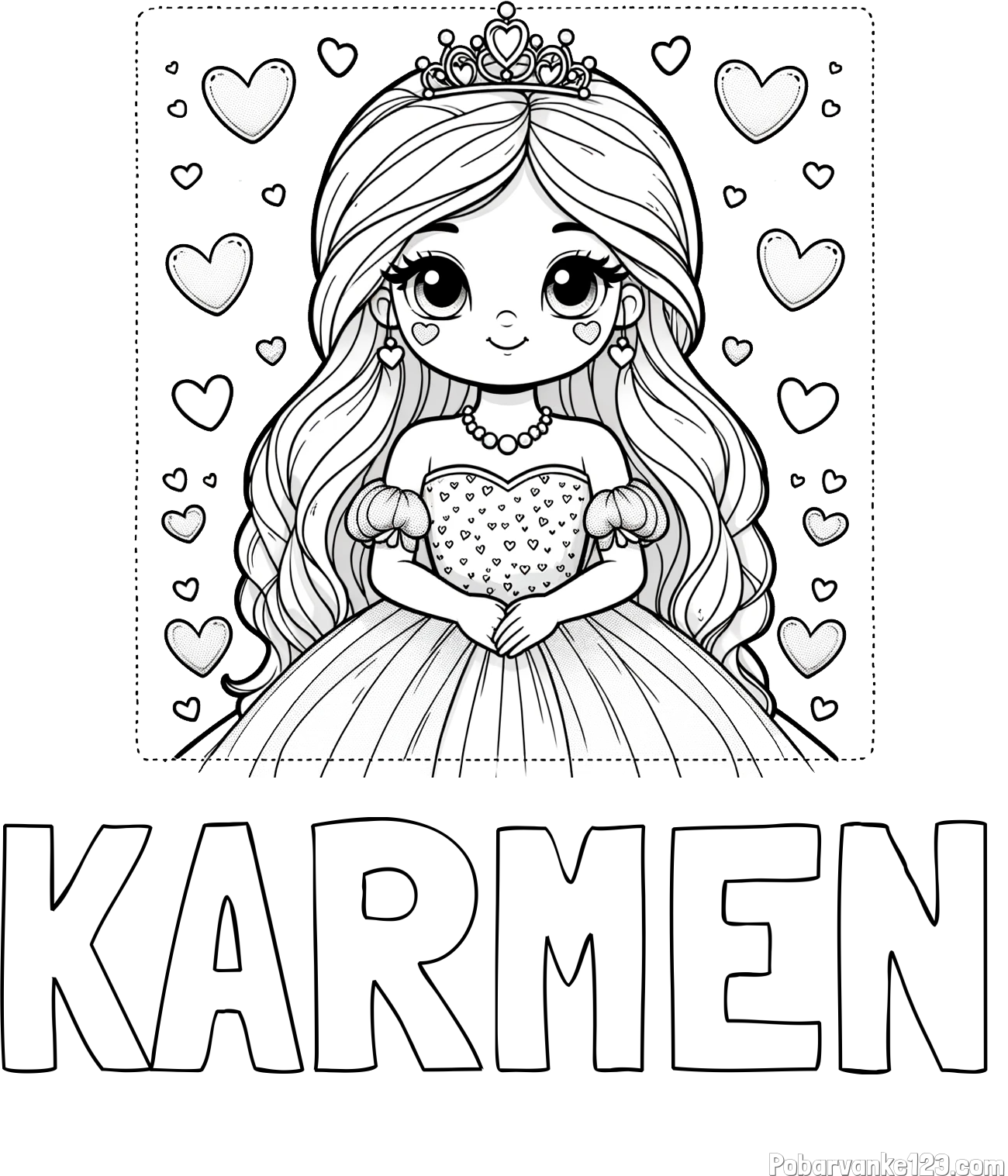 Pobarvanka imena KARMEN in pobarvanka ljubke princese obdane s srčki