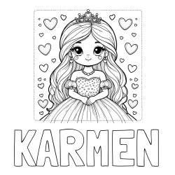 Online izdelana pobarvanka - Pobarvanka imena KARMEN in pobarvanka ljubke princese obdane s srčki