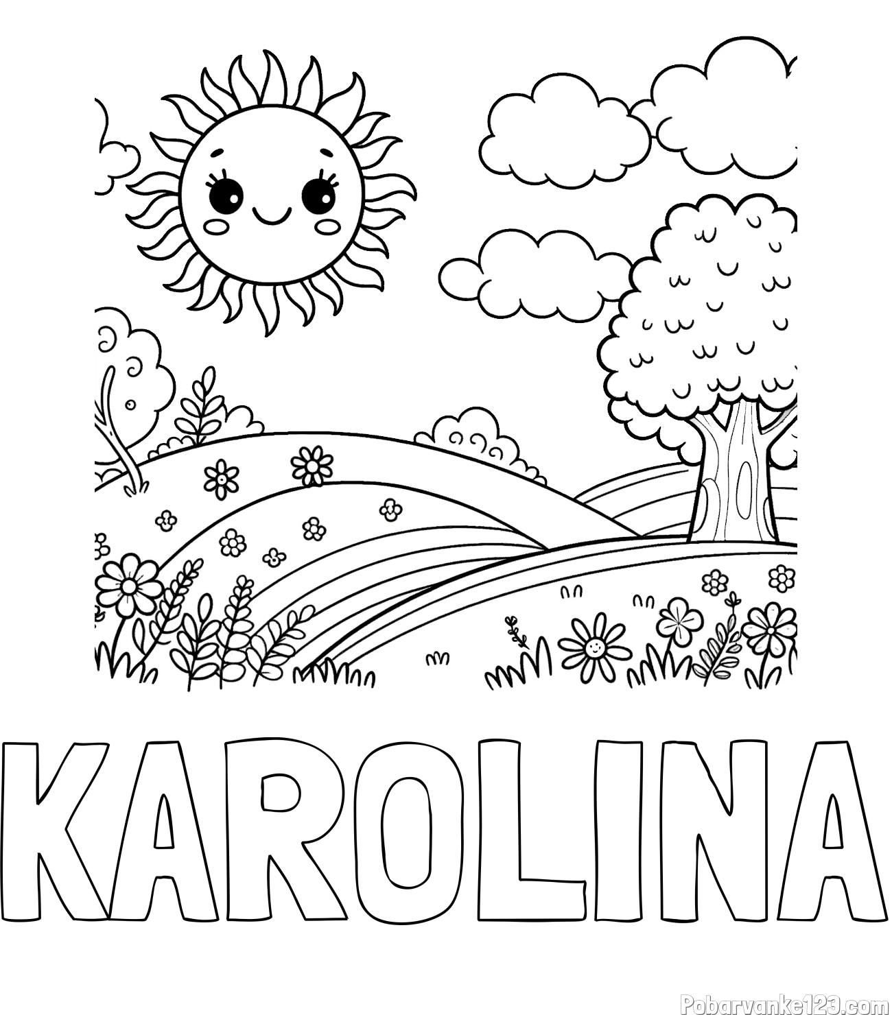 Pobarvanka imena KAROLINA in otroška pobarvanka narave