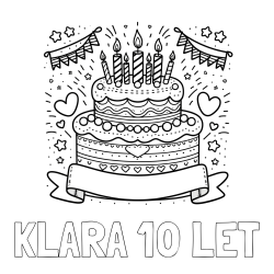 Online izdelana pobarvanka - Pobarvanka imena KLARA 10 LET in pobarvanka velike torte za rojstni dan