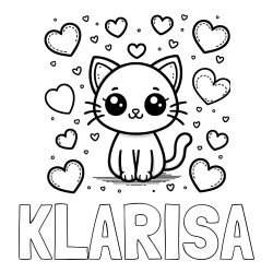 Online izdelana pobarvanka - Pobarvanka imena KLARISA in pobarvanka ljubke mucke obdane z veliko srčki