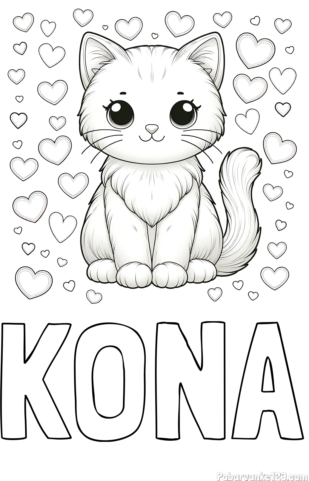 Pobarvanka imena KONA in pobarvanka ljubke mucke obdane s srčki