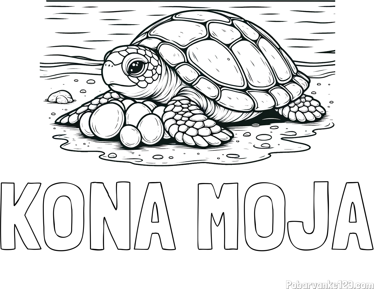Pobarvanka imena KONA MOJA in pobarvanka želve, ki leže jajca na obali