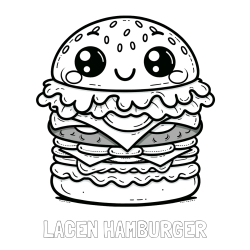 Online izdelana pobarvanka - Pobarvanka imena LAČEN HAMBURGER in otroška pobarvanka nasmejanega hamburgerja