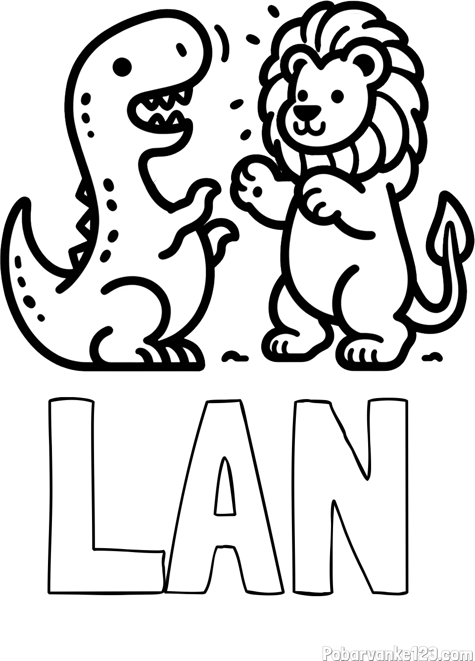 Pobarvanka imena LAN in pobarvanka dinozavra, ki napada leva