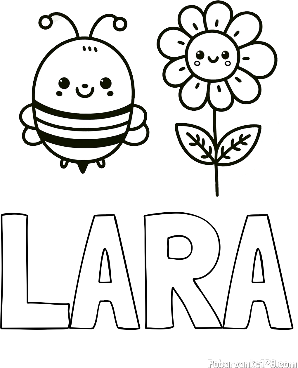 Pobarvanka imena LARA in pobarvanka ljubke čebelice in nasmejane rože