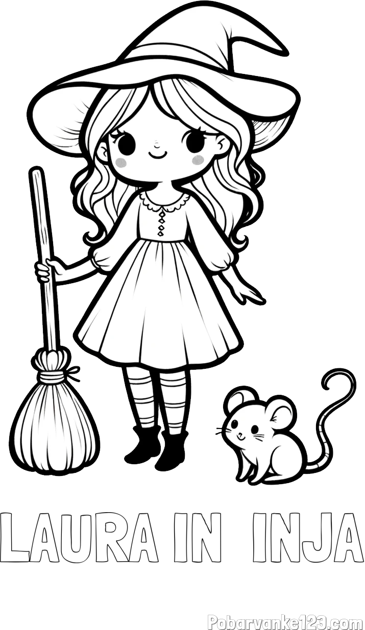 Pobarvanka imena LAURA IN  INJA in pobarvanka čarovnice z metlo in miško