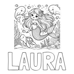 Online izdelana pobarvanka - Pobarvanka imena LAURA in pobarvana ljubke morske deklice s prijatelji