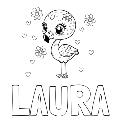 Online izdelana pobarvanka - Pobarvanka imena LAURA in pobarvanka mladička flaminga z rožicami in srčki
