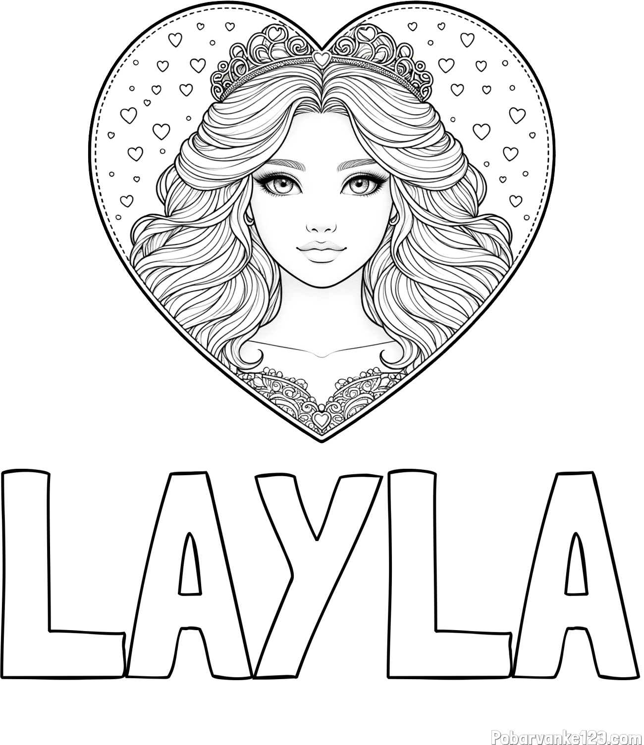 Pobarvanka imena LAYLA in pobarvanka ljubke princese v srčku