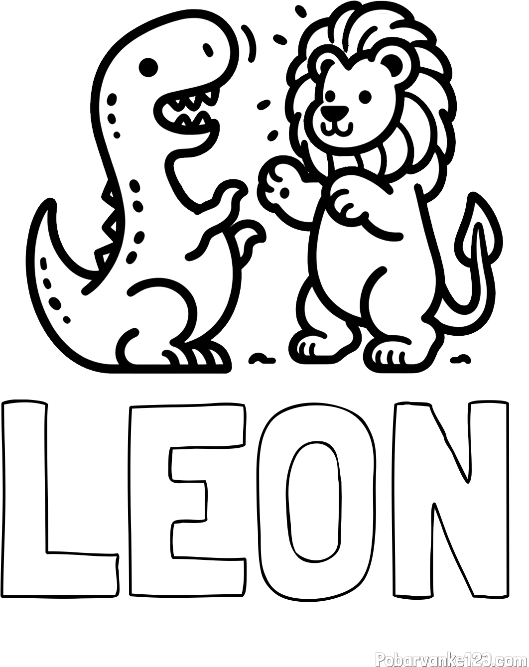 Pobarvanka imena LEON in pobarvanka dinozavra, ki napada leva