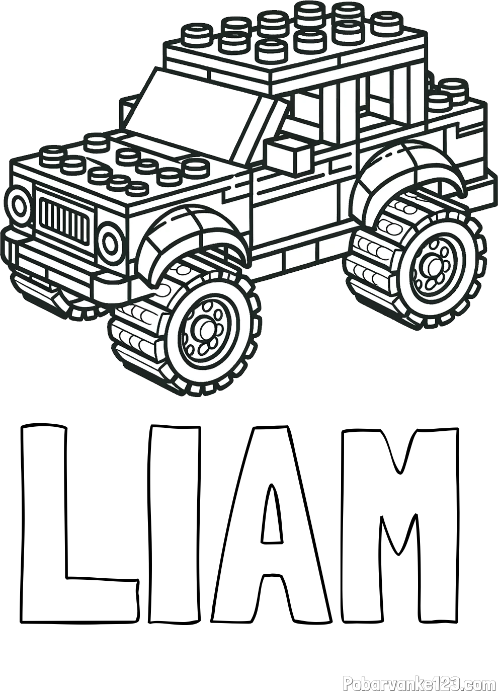 Pobarvanka imena LIAM in pobarvanka džipa sestavljenega iz LEGO kock