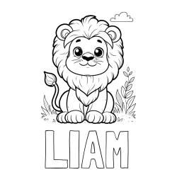 Online izdelana pobarvanka - Pobarvanka imena LIAM in pobarvanka ljubkega leva