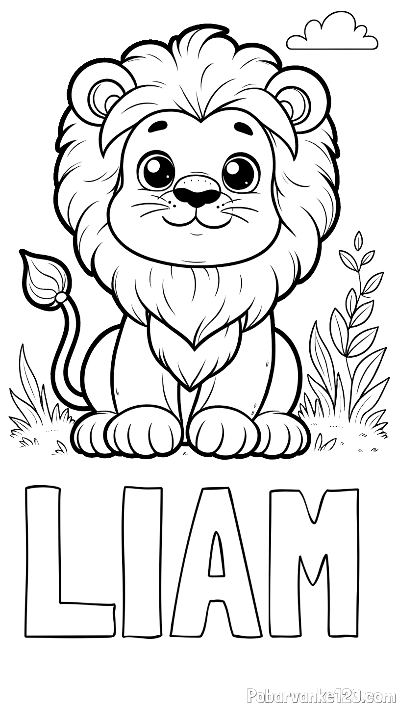 Pobarvanka imena LIAM in pobarvanka ljubkega leva