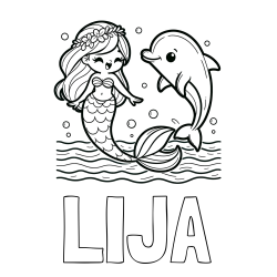 Online izdelana pobarvanka - Pobarvanka imena LIJA in pobarvanka ljubke morske deklice, ki pleše z delfinom