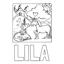 Online izdelana pobarvanka - Pobarvanka imena LILA in pobarvanka zaljubljenih samorogov