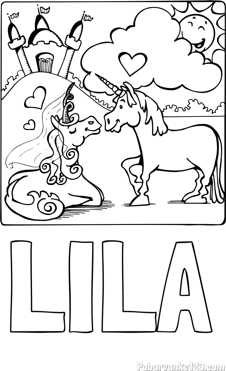 Pobarvanka imena LILA in pobarvanka zaljubljenih samorogov