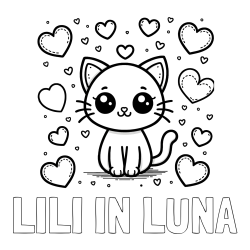 Online izdelana pobarvanka - Pobarvanka imena LILI IN LUNA in pobarvanka ljubke mucke obdane z veliko srčki
