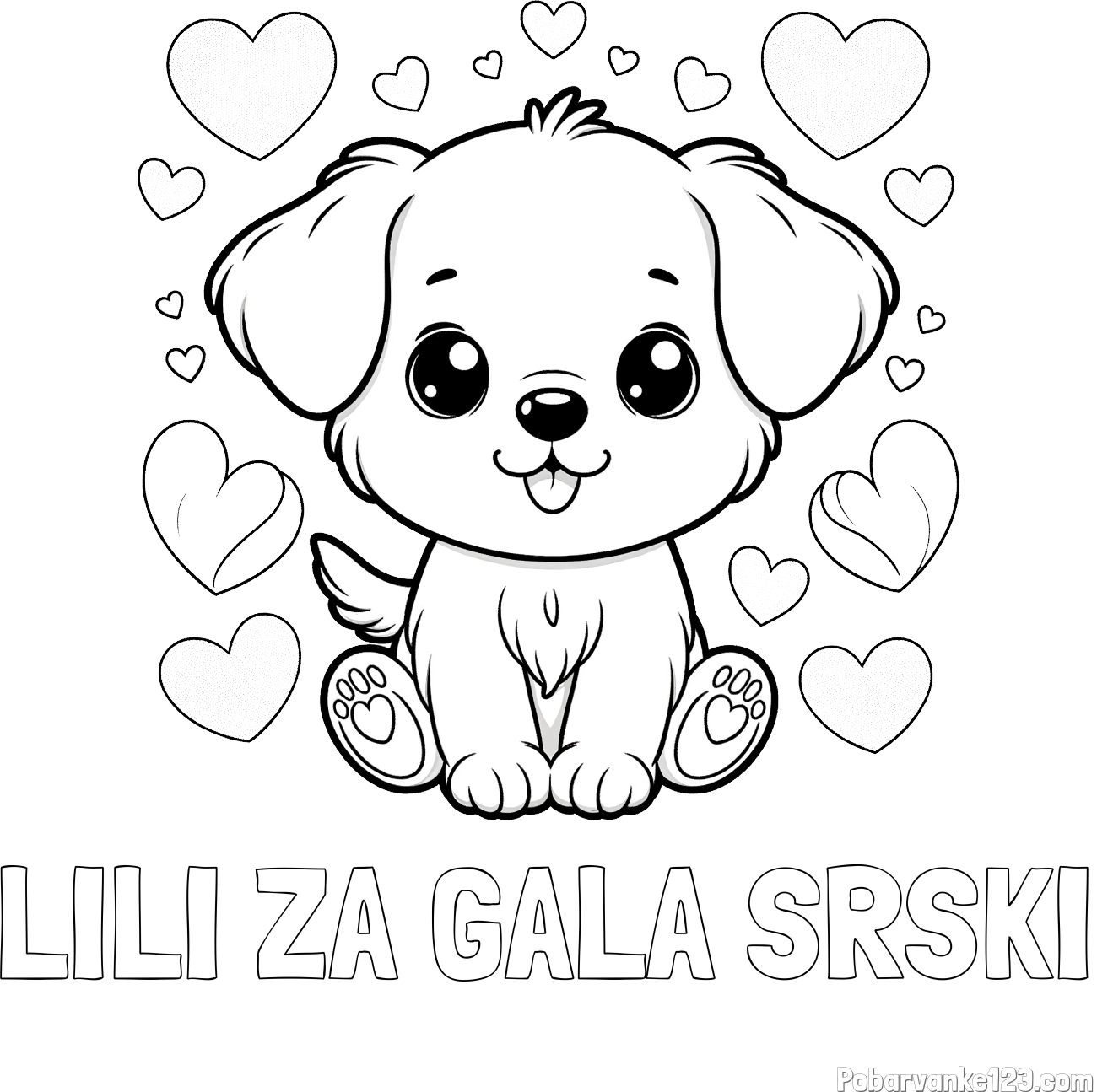 Pobarvanka imena LILI ZA GALA SRŠKI in pobarvanka ljubkega kužka obdanega s srčki