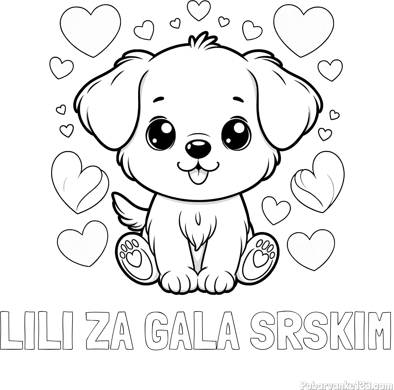 Pobarvanka imena LILI ZA GALA SRŠKIM in pobarvanka ljubkega kužka obdanega s srčki