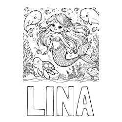 Online izdelana pobarvanka - Pobarvanka imena LINA in pobarvana ljubke morske deklice s prijatelji