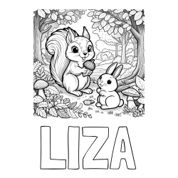 Online izdelana pobarvanka - Pobarvanka imena LIZA in pobarvanka veveričke in zajčka v gozdu