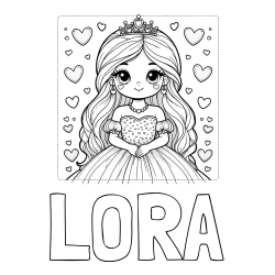 Online izdelana pobarvanka - Pobarvanka imena LORA in pobarvanka ljubke princese obdane s srčki