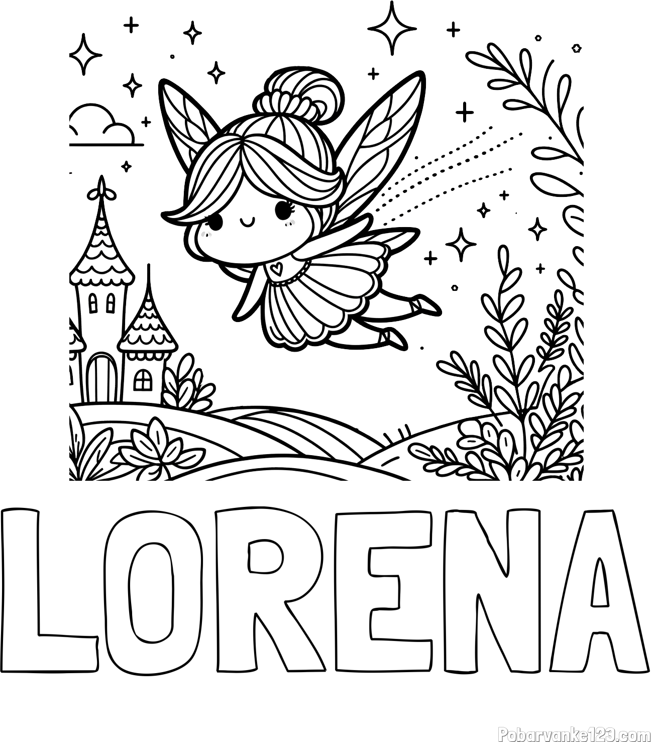 Pobarvanka imena LORENA in pobarvanka čarobne vile, ki leti nad pravljično pokrajino