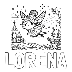 Online izdelana pobarvanka - Pobarvanka imena LORENA in pobarvanka čarobne vile, ki leti nad pravljično pokrajino