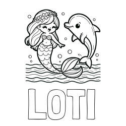 Online izdelana pobarvanka - Pobarvanka imena LOTI in pobarvanka ljubke morske deklice, ki pleše z delfinom