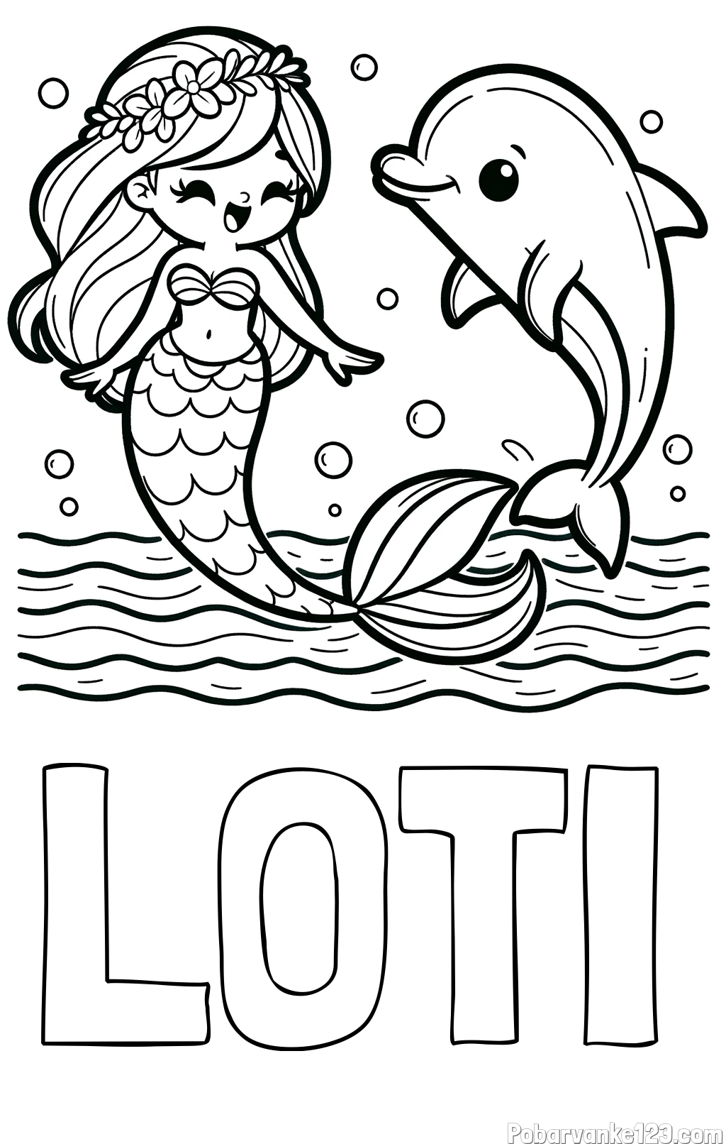 Pobarvanka imena LOTI in pobarvanka ljubke morske deklice, ki pleše z delfinom