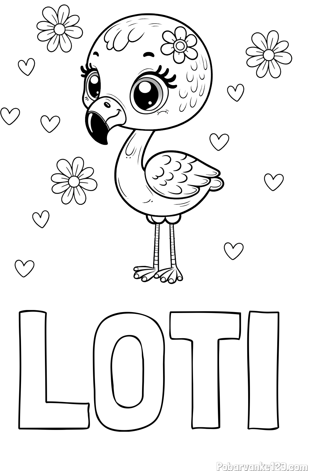 Pobarvanka imena LOTI in pobarvanka mladička flaminga z rožicami in srčki
