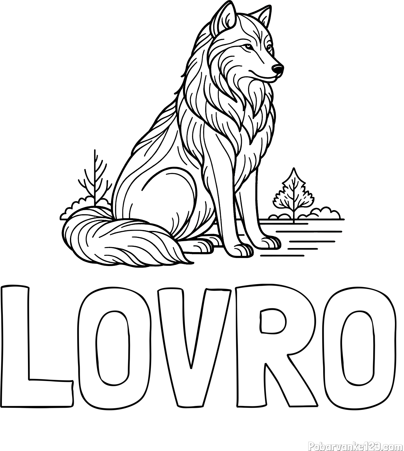 Pobarvanka imena LOVRO in pobarvanka sedečega volka