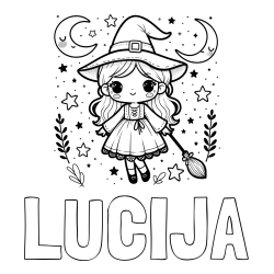 Online izdelana pobarvanka - Pobarvanka imena LUCIJA in pobarvanka prikupne čarovnice