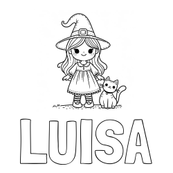 Online izdelana pobarvanka - Pobarvanka imena LUISA in Čudovita pobarvanka ljubke čarovnice in nasmejane mačke