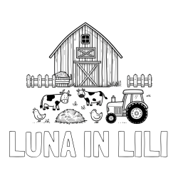 Online izdelana pobarvanka - Pobarvanka imena LUNA IN LILI in otroška pobarvanka velikega senika, krav in traktorja