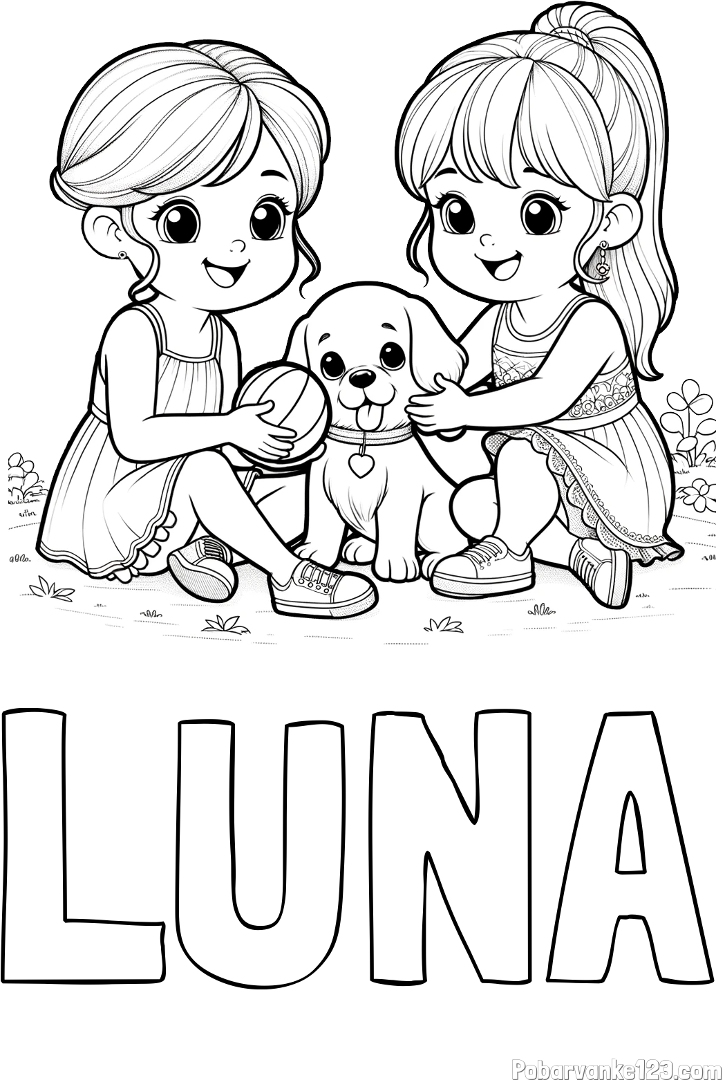 Pobarvanka imena LUNA in pobarvanka prijateljic s kužkom