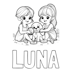 Online izdelana pobarvanka - Pobarvanka imena LUNA in pobarvanka prijateljic s kužkom