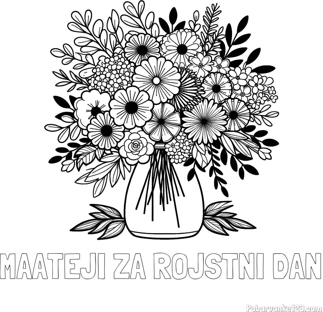 Pobarvanka imena MAATEJI ZA ROJSTNI DAN in pobarvanka veliekga šopka rož