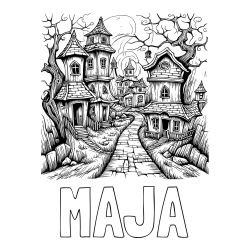 Online izdelana pobarvanka - Pobarvanka imena MAJA in pobarvanka začaranih hišk