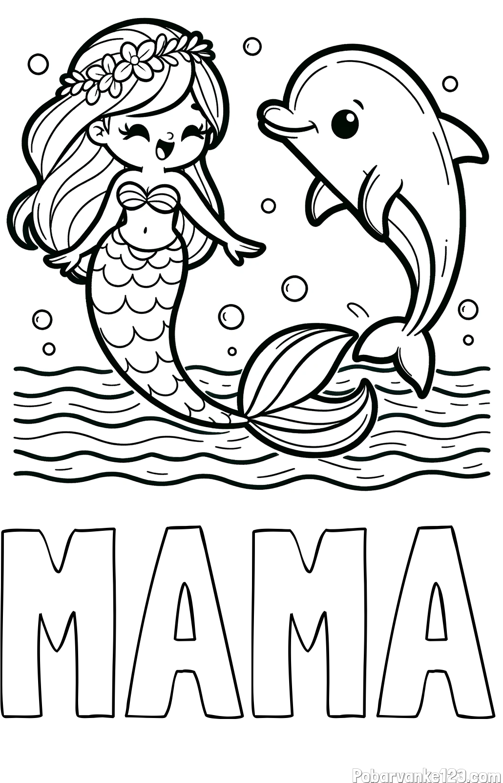 Pobarvanka imena MAMA in pobarvanka ljubke morske deklice, ki pleše z delfinom